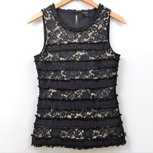 J. Crew Sleeveless Blouse Lace & Fringed Tweed Stripe Keyhole Back Lined Black S
